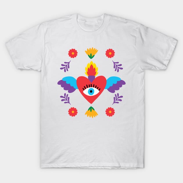 Mexican Otomi Sacred Heart T-Shirt by Inogitna Designs